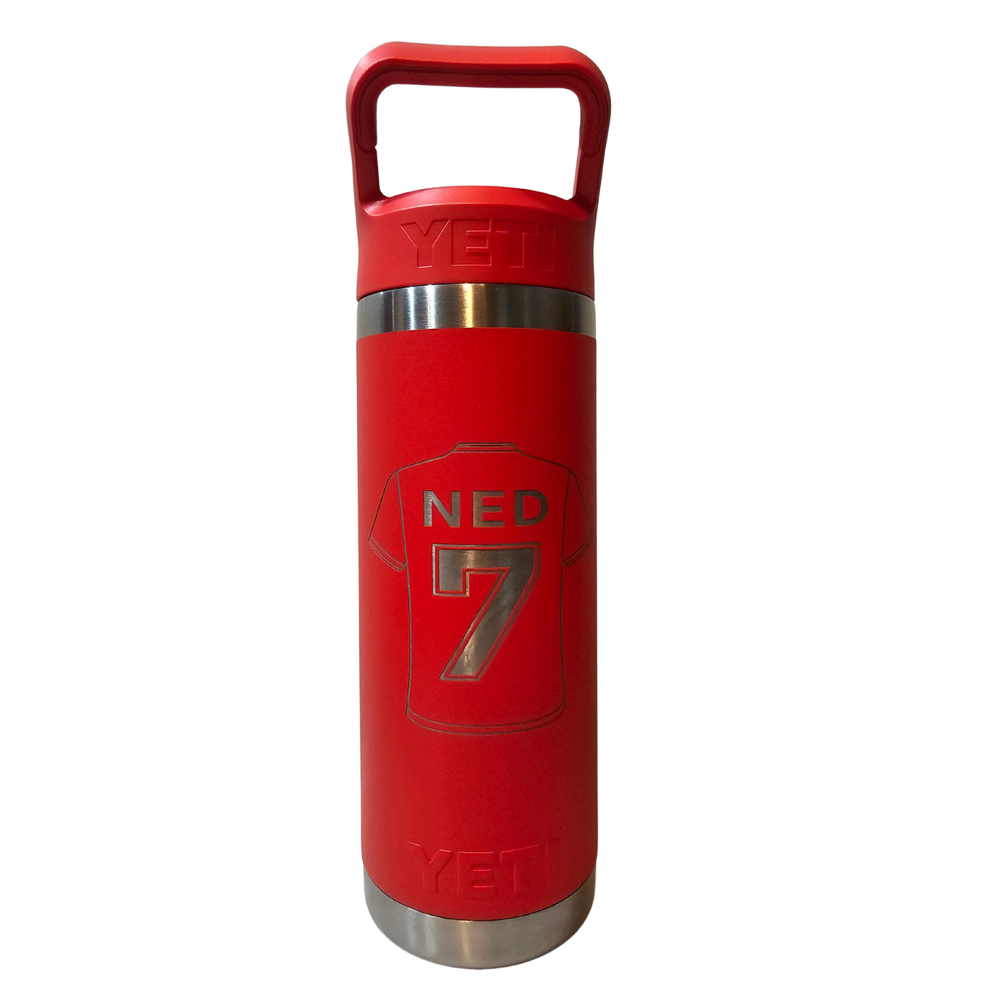 Red YETI bottle with 'NED 7' engraving on a white background