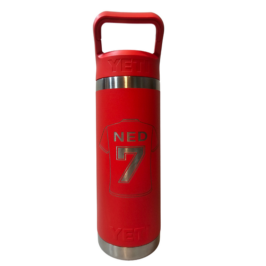 Red YETI bottle with 'NED 7' engraving on a white background