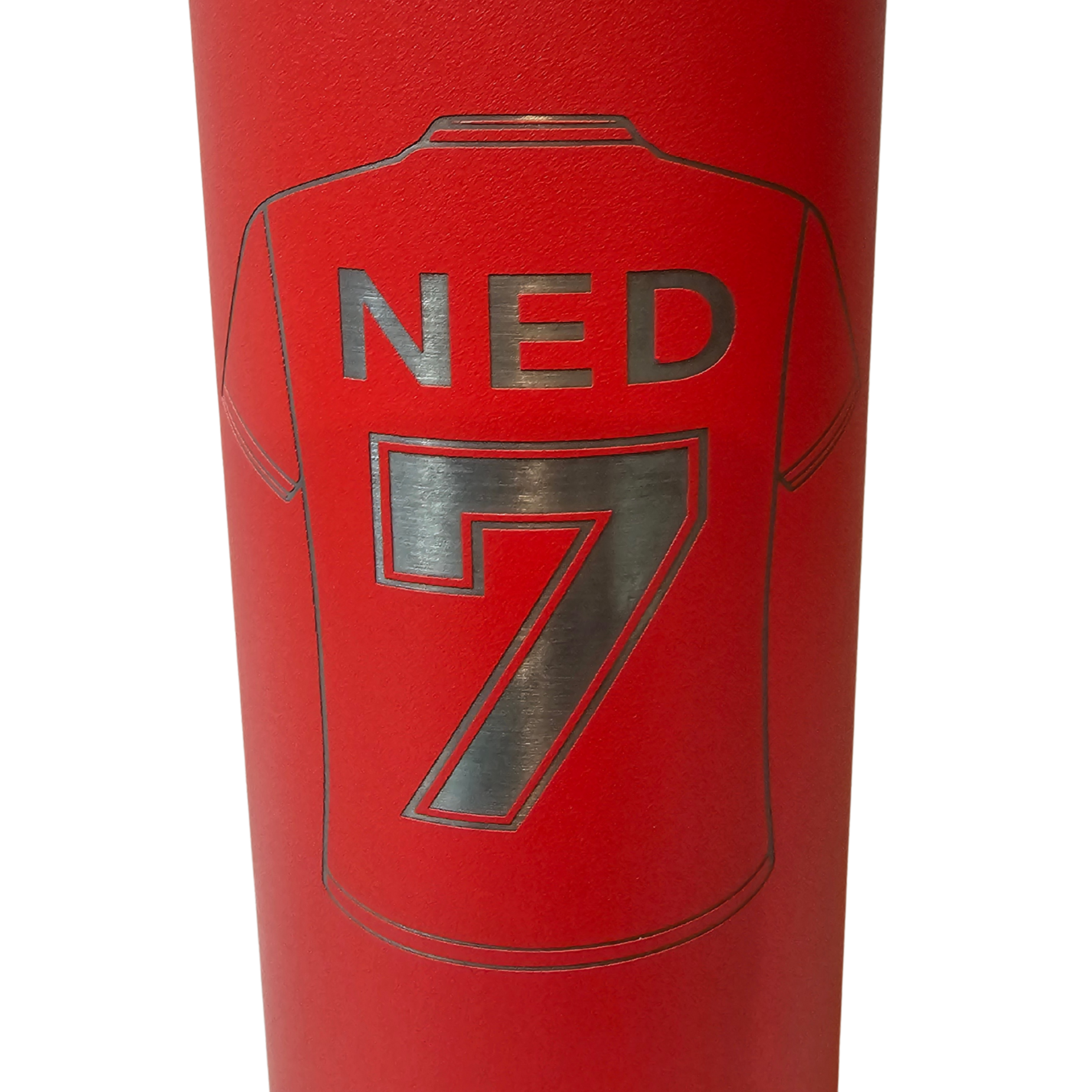 Red waterbottle with T-Shirt outline and name with number 7 engraved on it